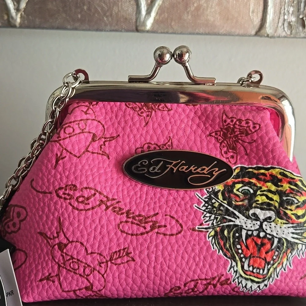 Ed Hardy Pink Clutch with Tiger Design Silver Chain